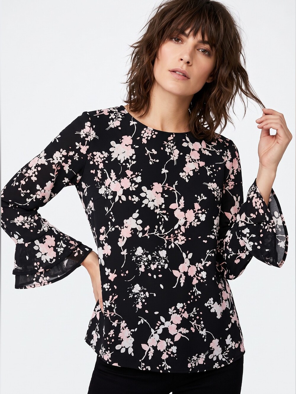 Karl Lagerfeld Floral Trumpet Sleeve Stretchy Blouse Boho Office Wear XS